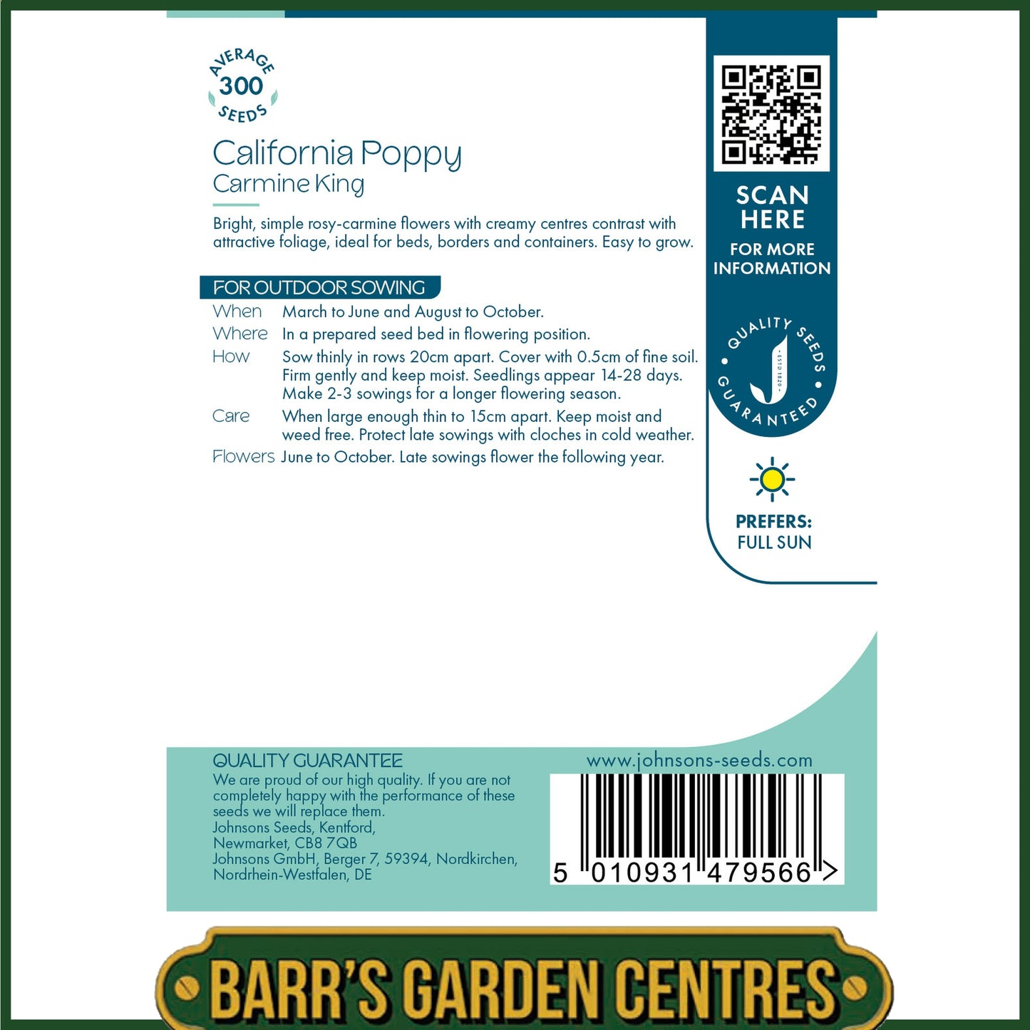 Johnsons - California Poppy Carmine King - 300 Seeds