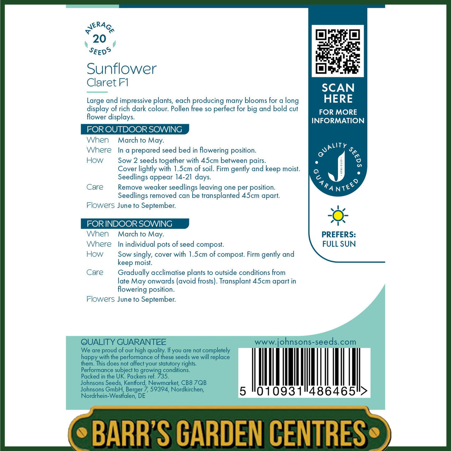 Johnsons - Sunflower Claret F1 - 20 Seeds