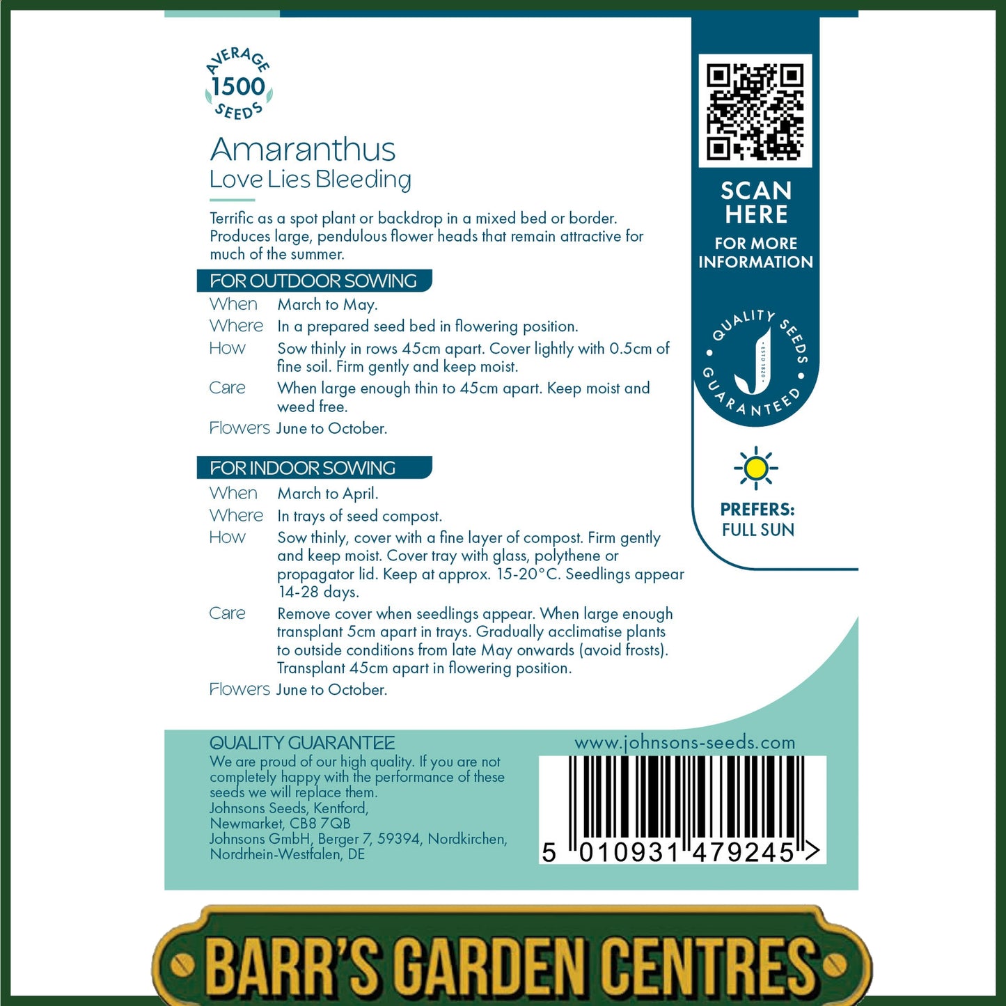 Johnsons - Amaranthus - Love Lies Bleeding - 1500 Seeds