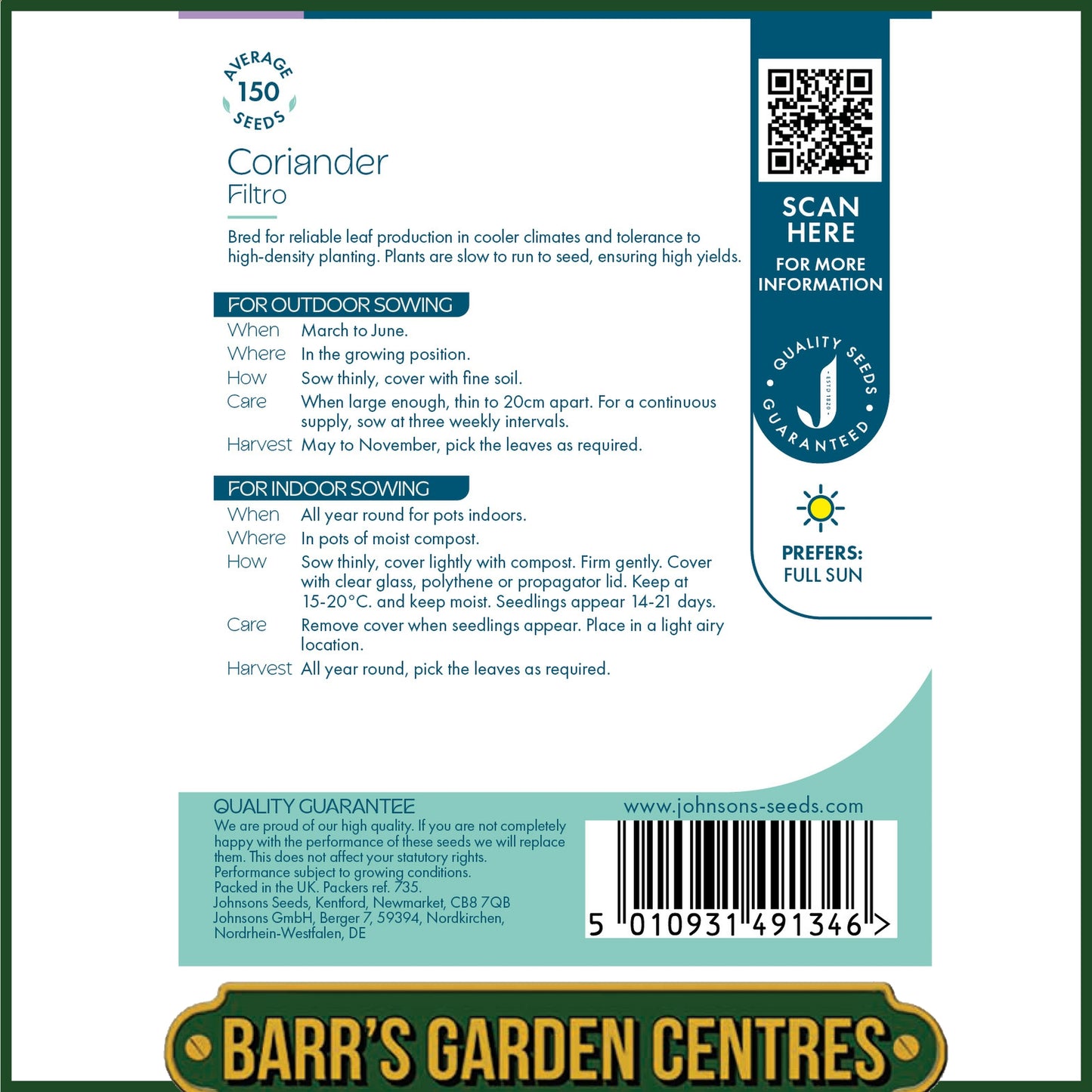 Johnsons - Herb - Coriander Filtro - 150 Seeds