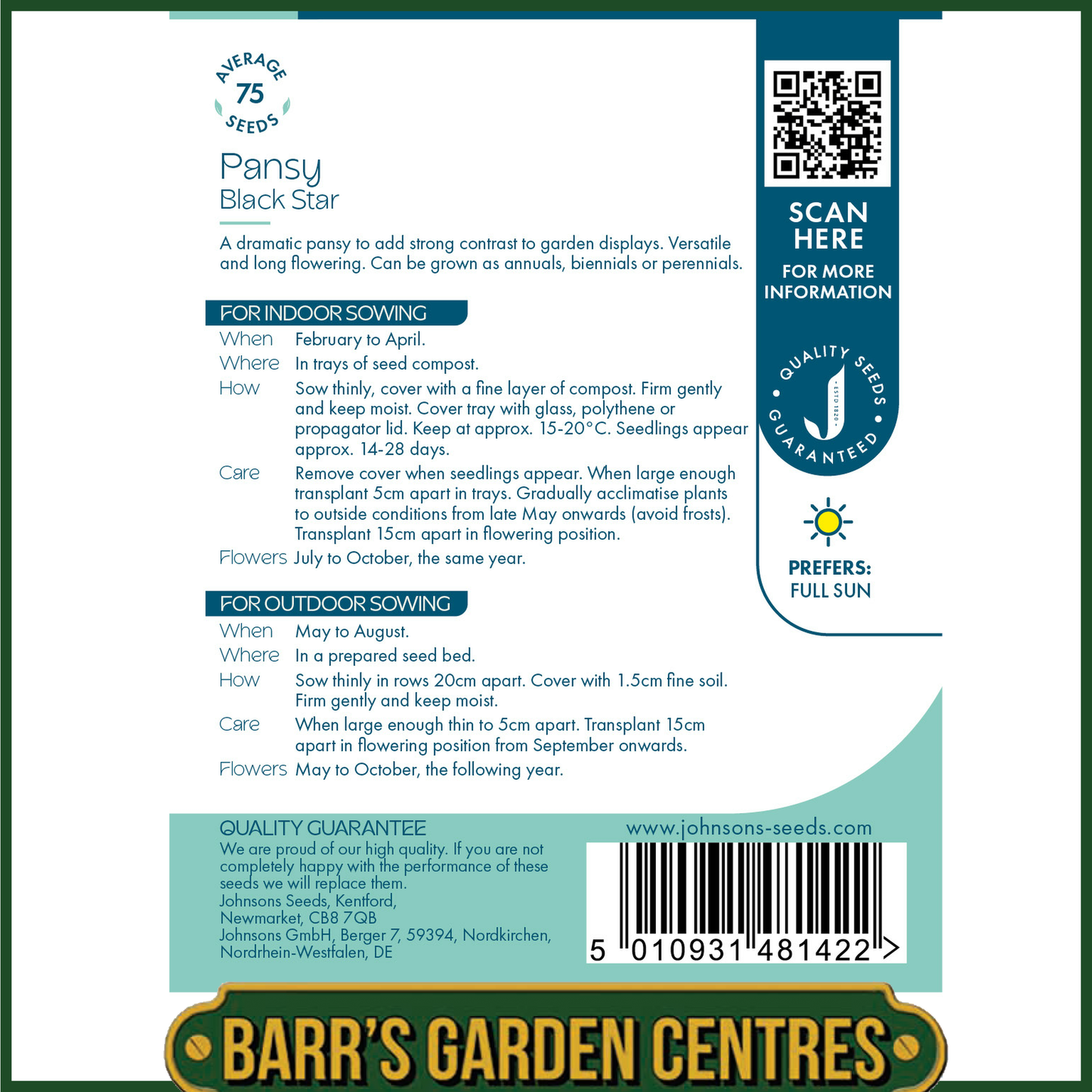 Johnsons - Pansy Black Star - 75 Seeds