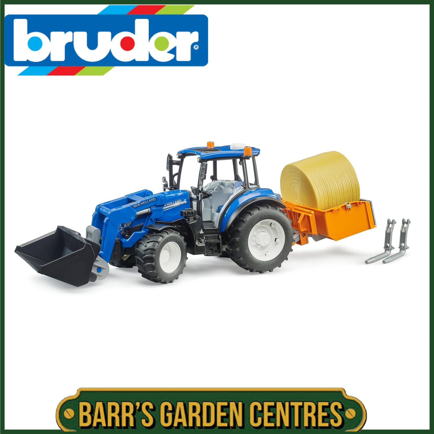 BRUDER New Holland T5.120 with slip-on frontloader, dump box and forks