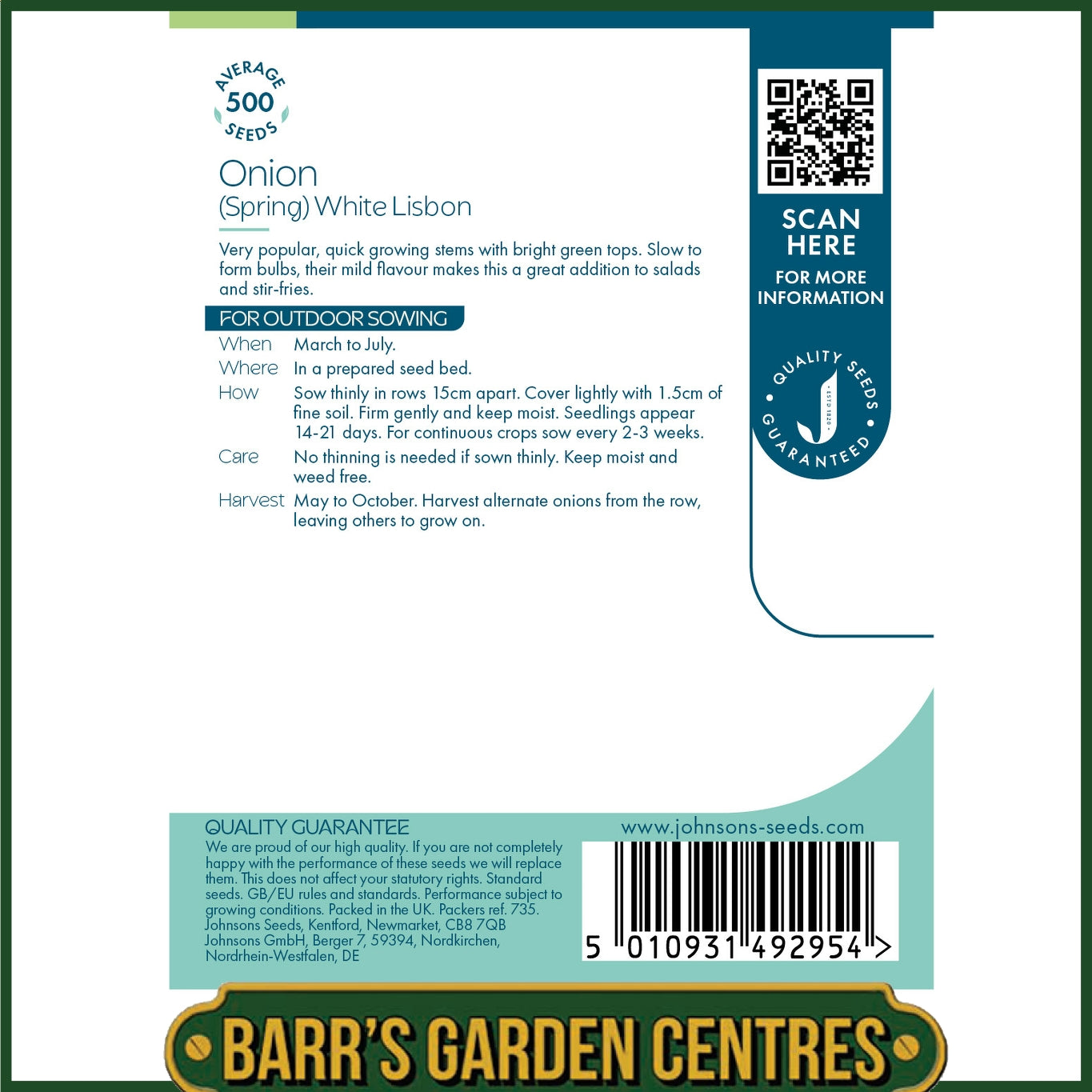 Johnsons - Onion (spring) White Lisbon - 500 Seeds