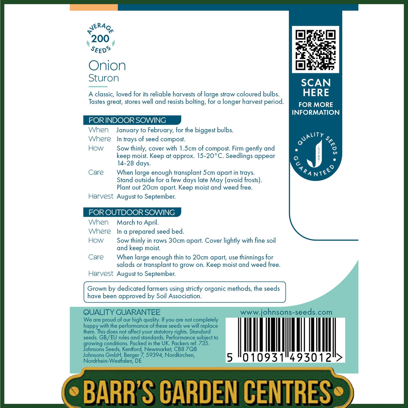 Johnsons - Organic Vegetable - Onion Sturon - 200 Seeds