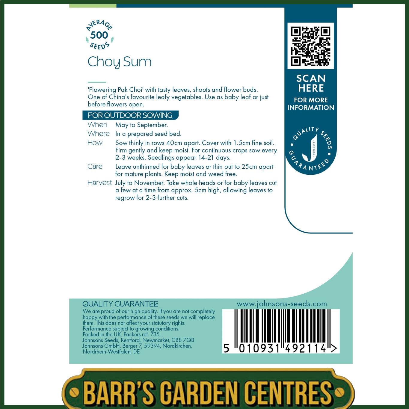 Johnsons - Choy Sum - 500 Seeds