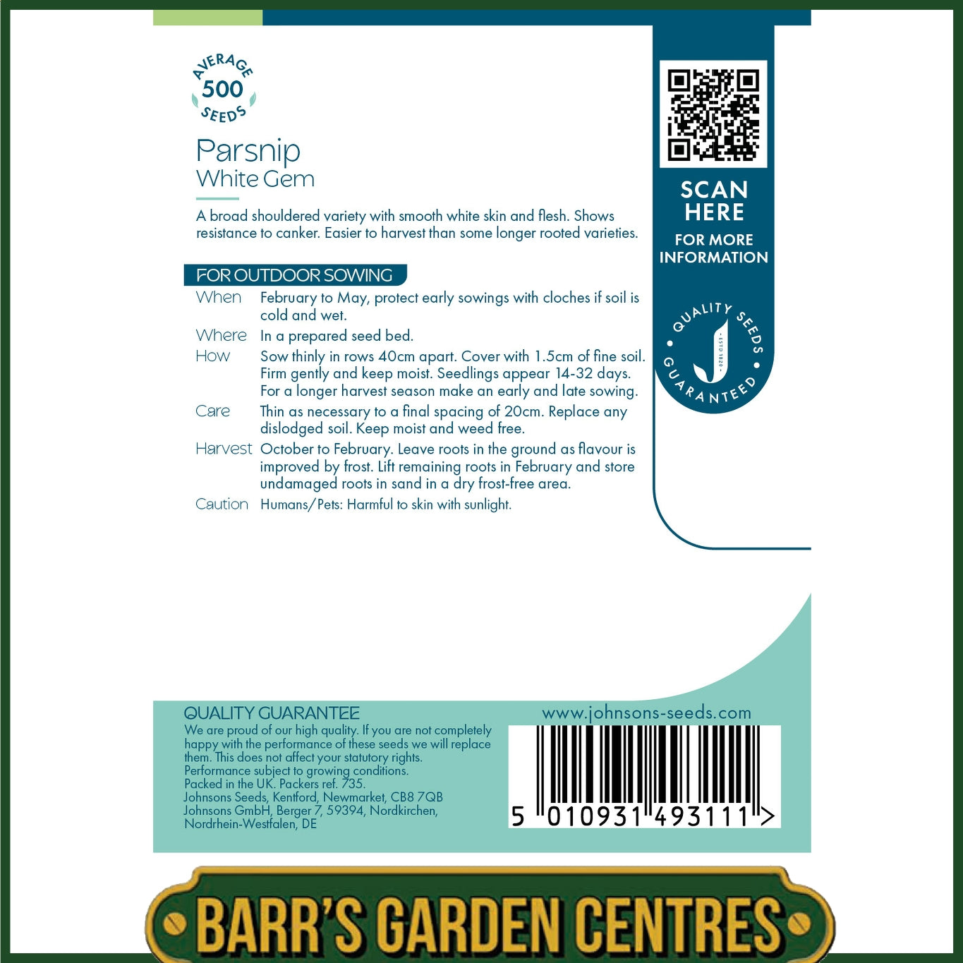Johnsons - Parsnip White Gem - 500 Seeds