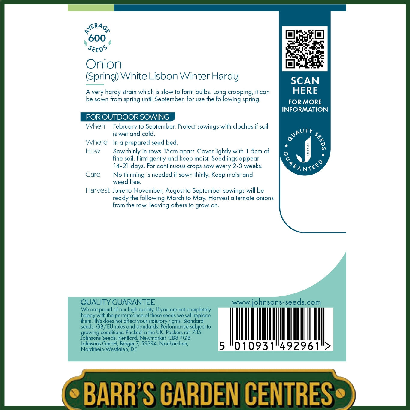 Johnsons - Onion (spring) White Lisbon Winter Hardy - 600 Seeds