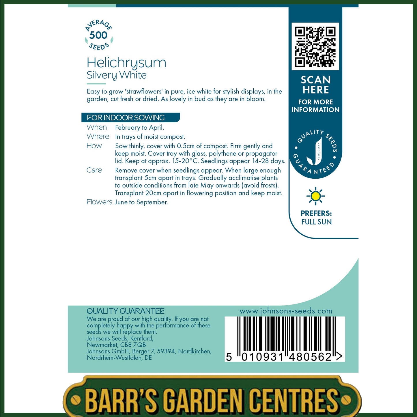 Johnsons - Helichrysum Silvery White - 500 Seeds