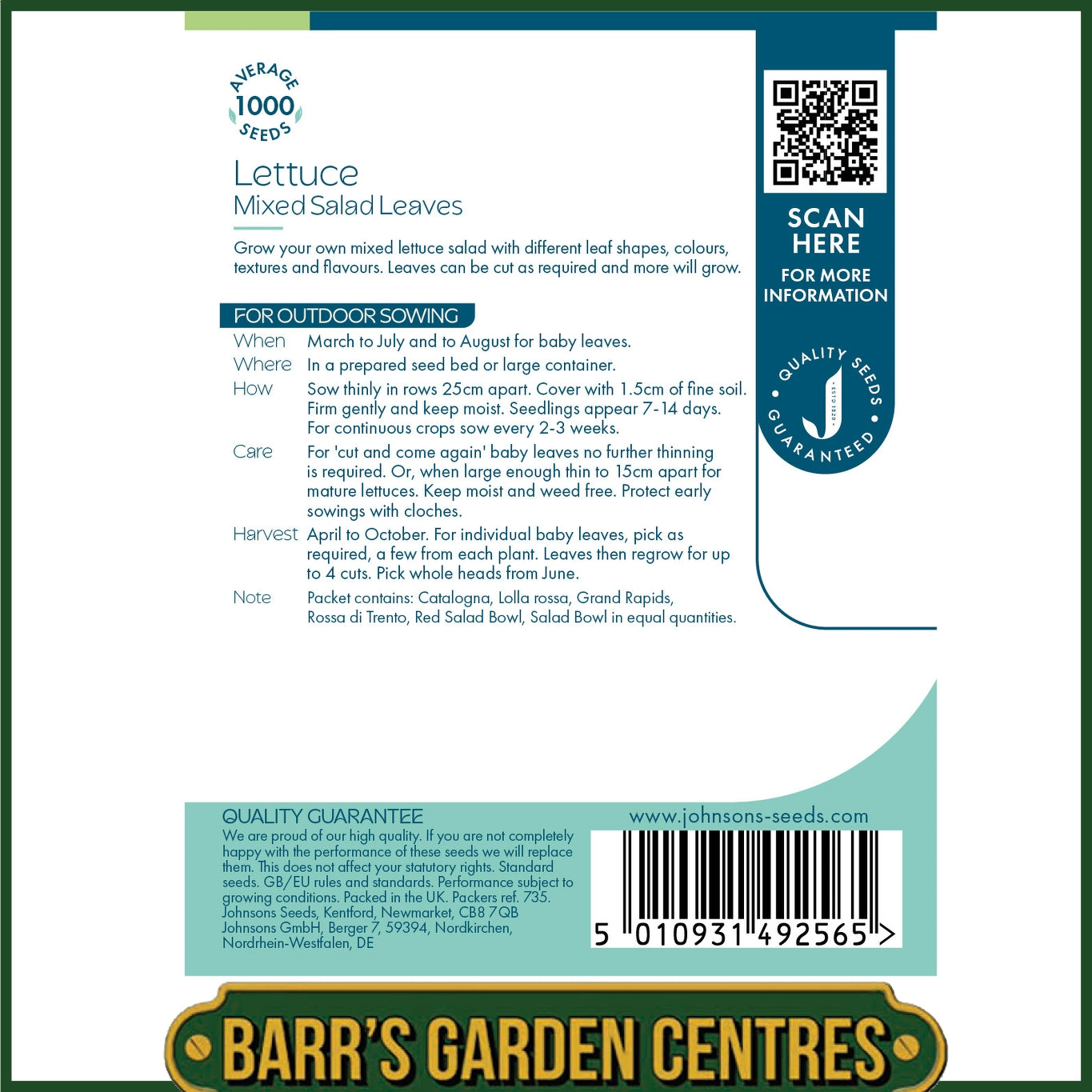 Johnsons - Lettuce Mixed Salad Leaves - 1000 Seeds