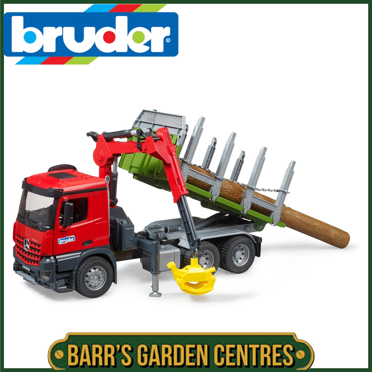 BRUDER MB Arocs Timber Truck With Loading Crane, Grab and 3 Trunks