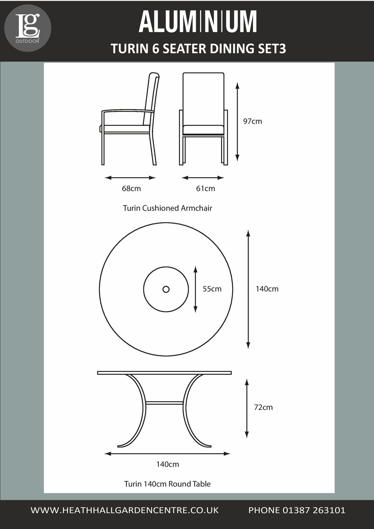 Turin Aluminium 6 Seater Dining Set with Lazy Susan