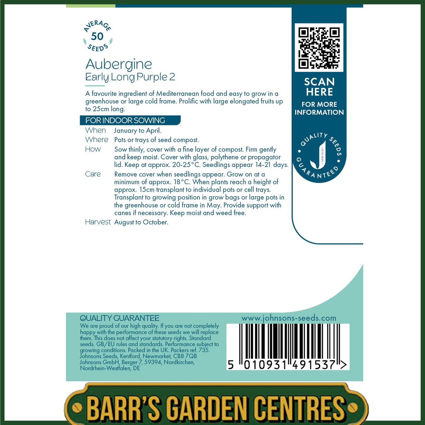 Johnsons - Aubergine Early Long Purple 2 - 50 Seeds