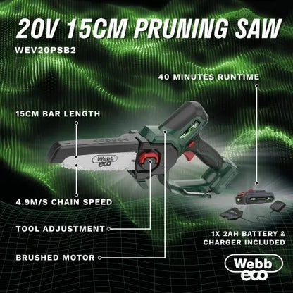 Webb Eco WEV20PSB2 20V 15cm (6″) Cordless Pruning Saw Trimmer (2Ah Battery & Charger included)