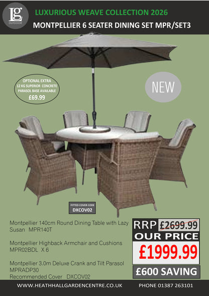 Montpellier 6 Seater Dining Set with 3m Parsol & Lazy Susan