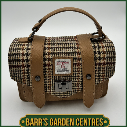Islander Mini Leather Satchel Bag with Harris Tweed Beige Dogtooth