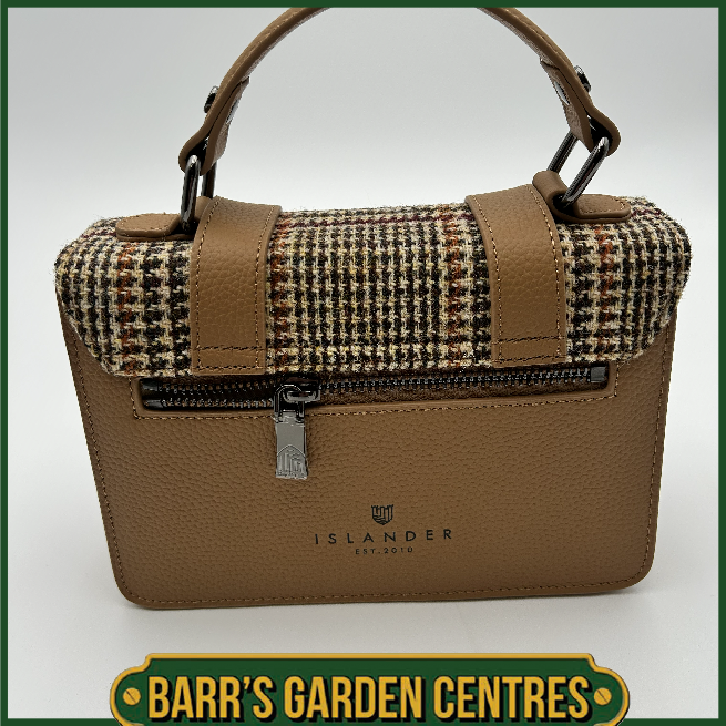 Islander Mini Leather Satchel Bag with Harris Tweed Beige Dogtooth