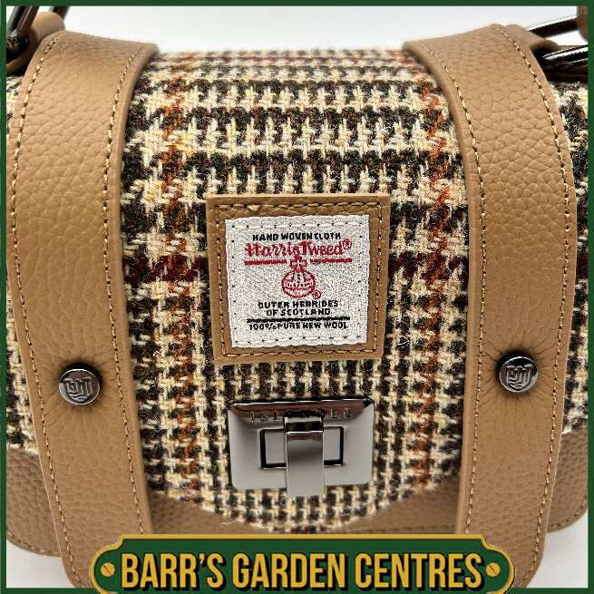 Islander Mini Leather Satchel Bag with Harris Tweed Beige Dogtooth