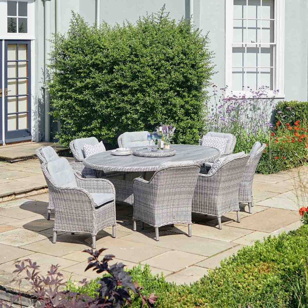 St Tropez Stone 8 Seat Dining Set with Lazy Susan and  3m Crank & Tilt Parasol Set 3