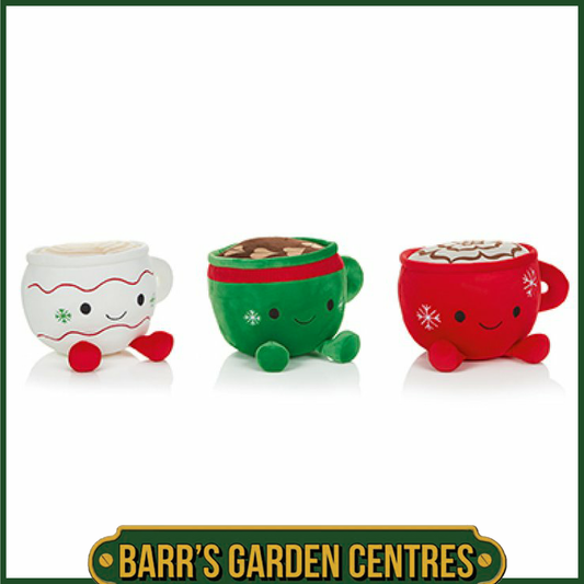 18cm Coffee Cup Character Plush 3 Asst Green - Red - White