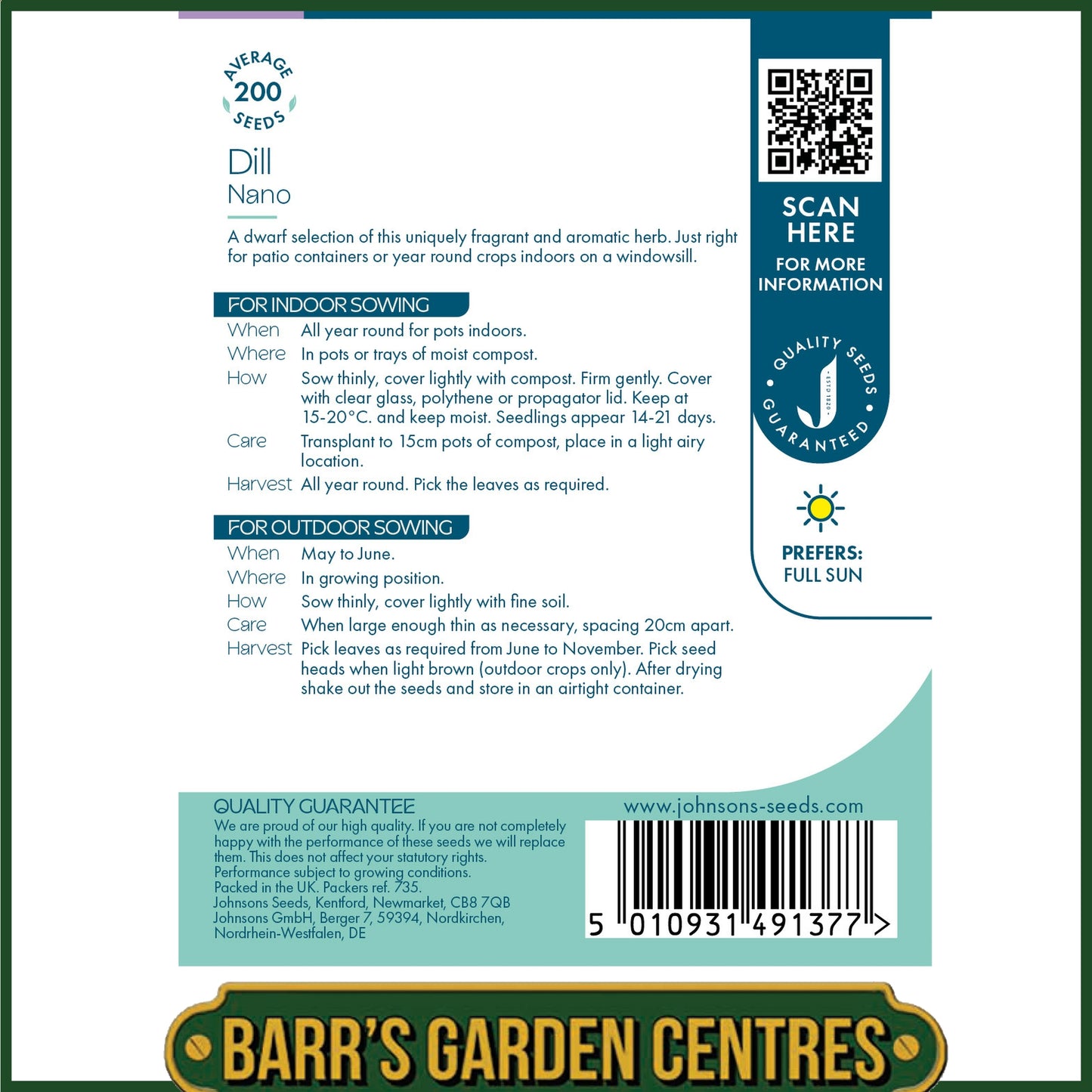 Johnsons - Herb - Dill Nano - 200 Seeds