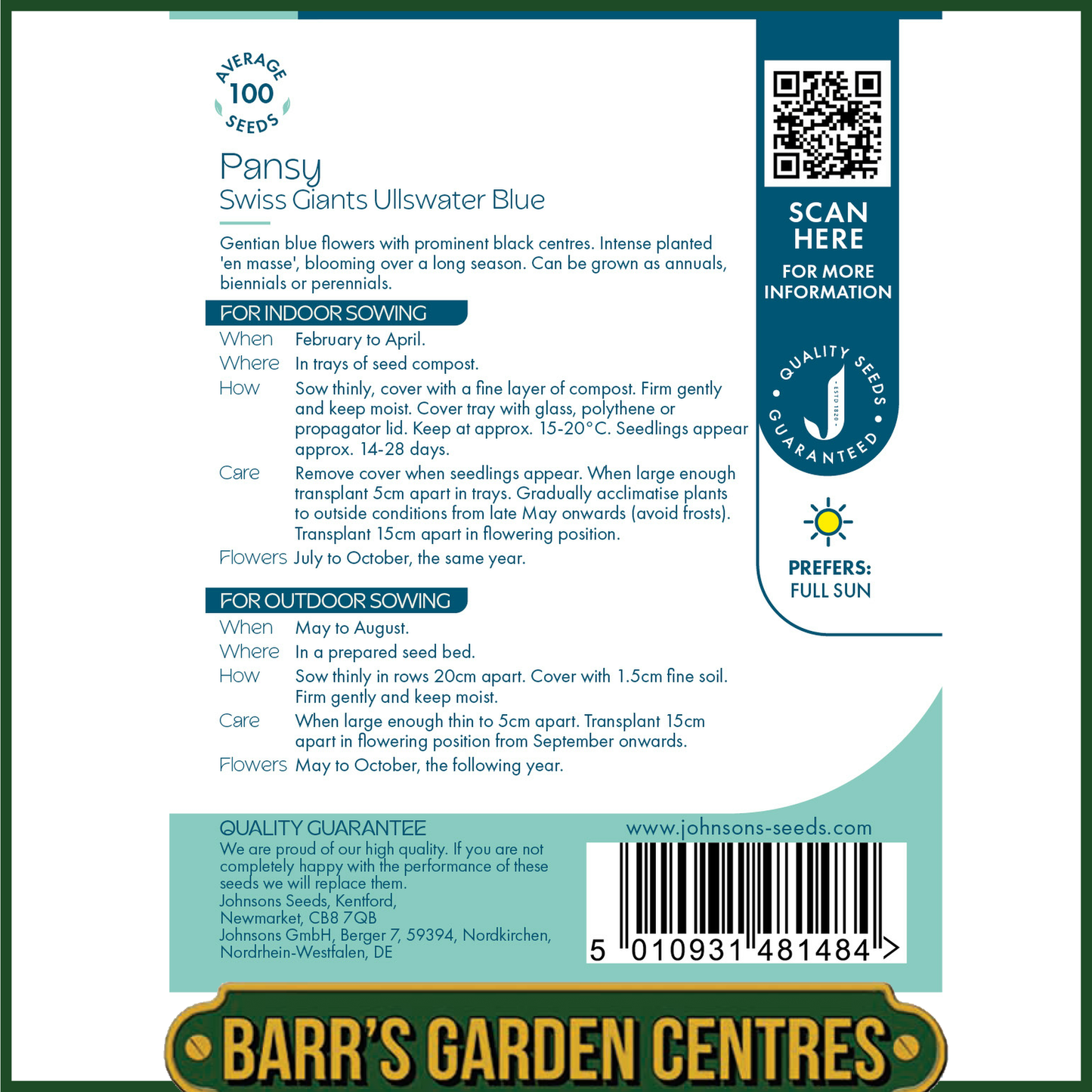 Johnsons - Pansy Swiss Giants Ullswater Blue - 100 Seeds