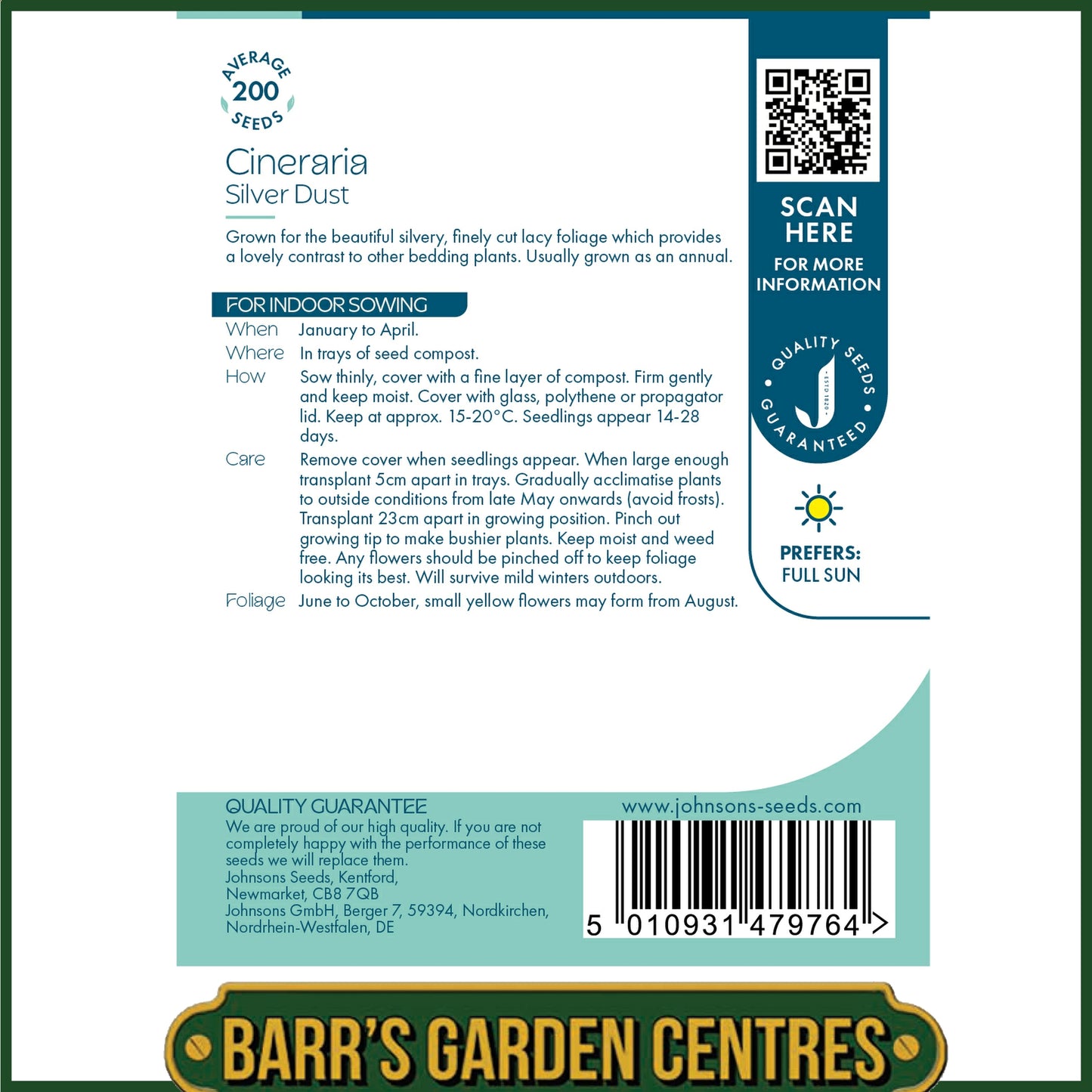 Johnsons - Cineraria Silver Dust - 200 Seeds