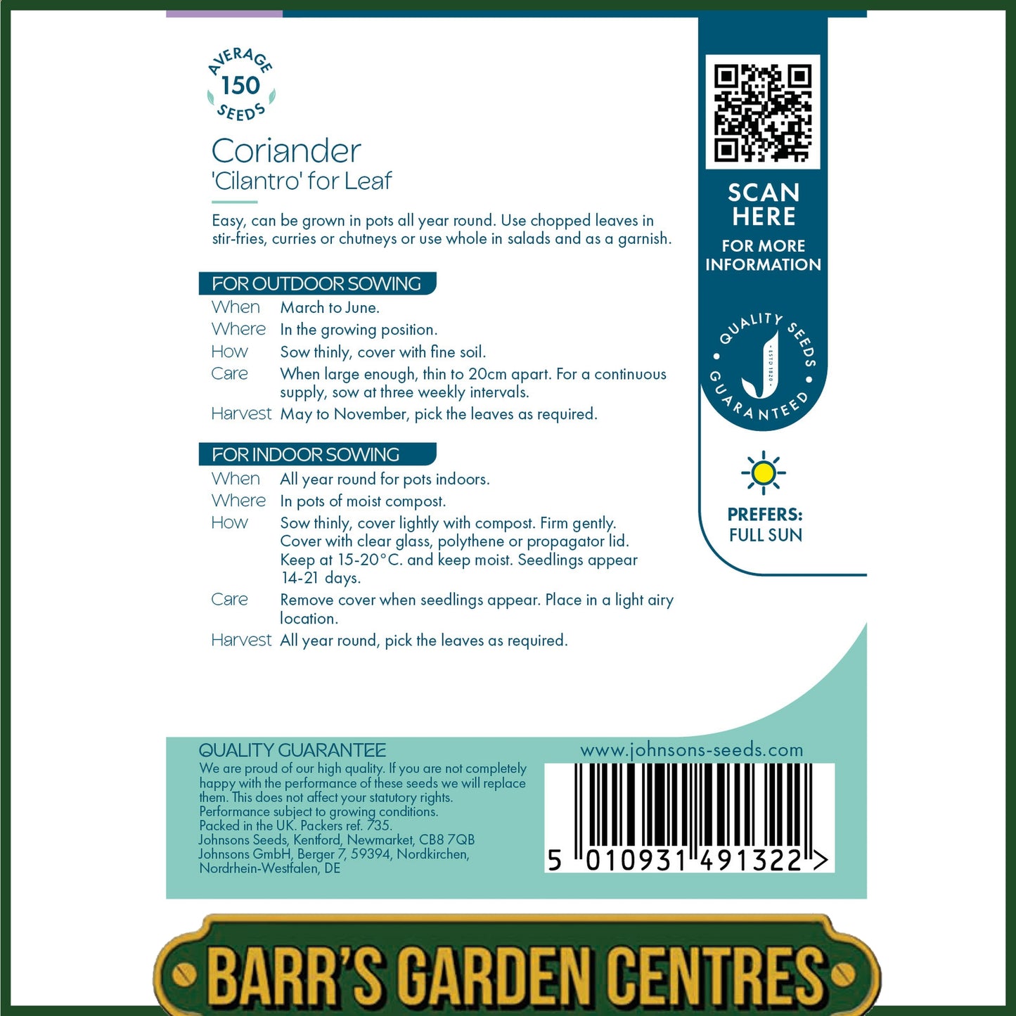 Johnsons - Herb - Coriander Cilantro for Leaf - 150 Seeds