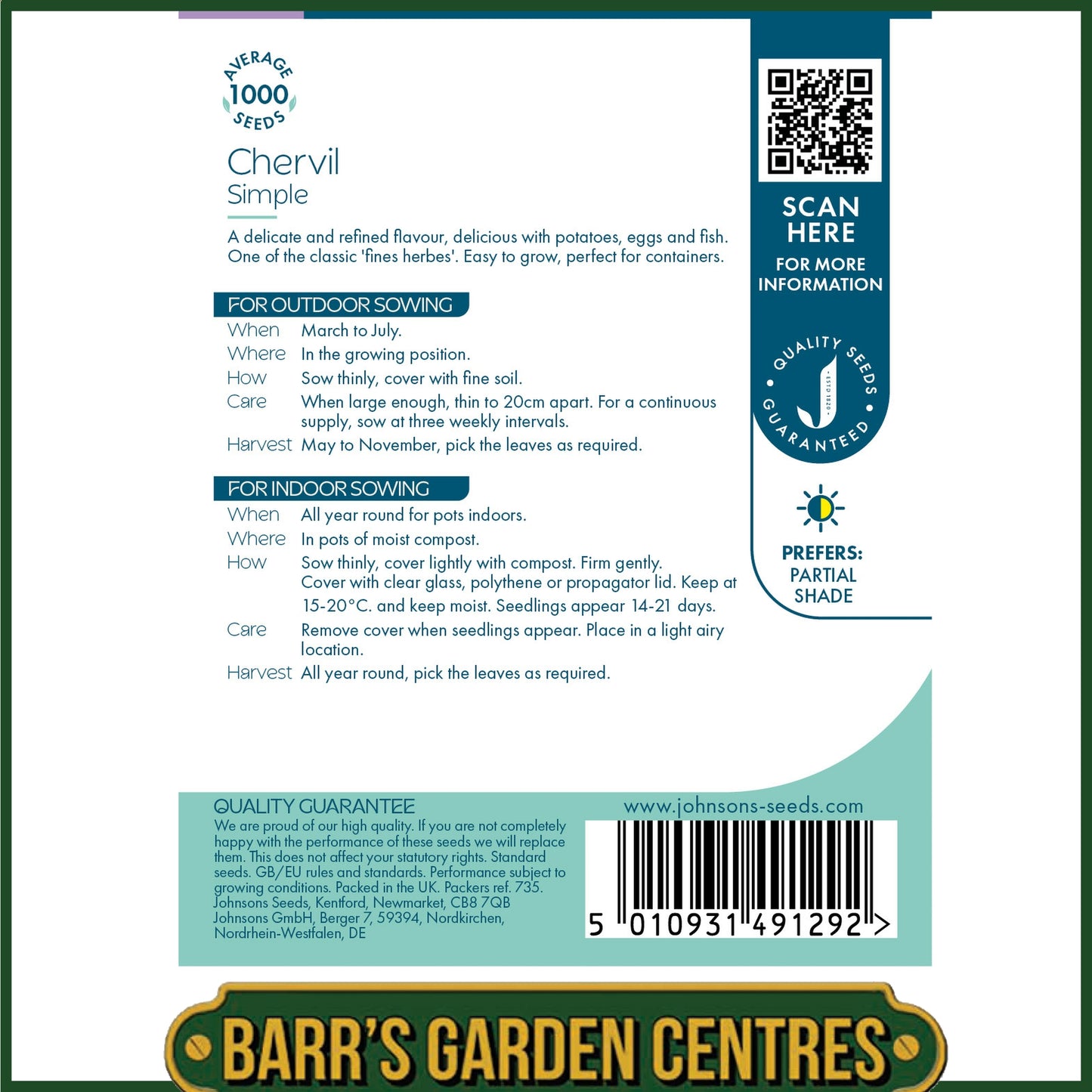 Johnsons - Herb - Chervil Simple - 1000 Seeds