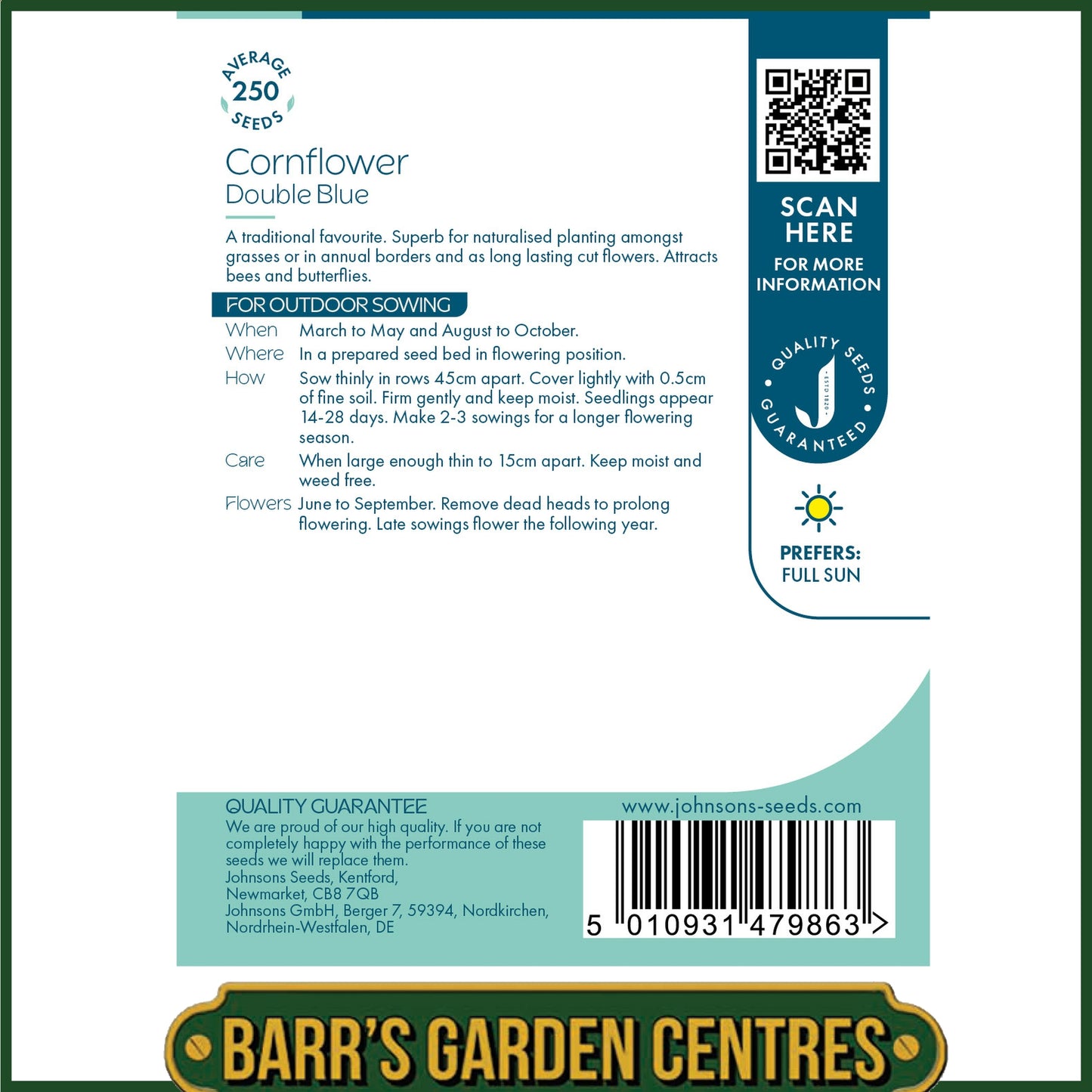 Johnsons - Cornflower Double Blue - 250 Seeds