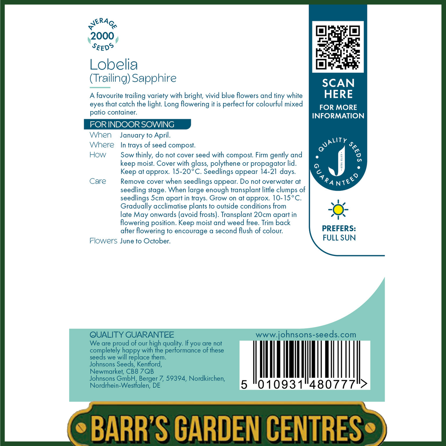 Johnsons -  Lobelia (trailing) Sapphire - 2000 Seeds