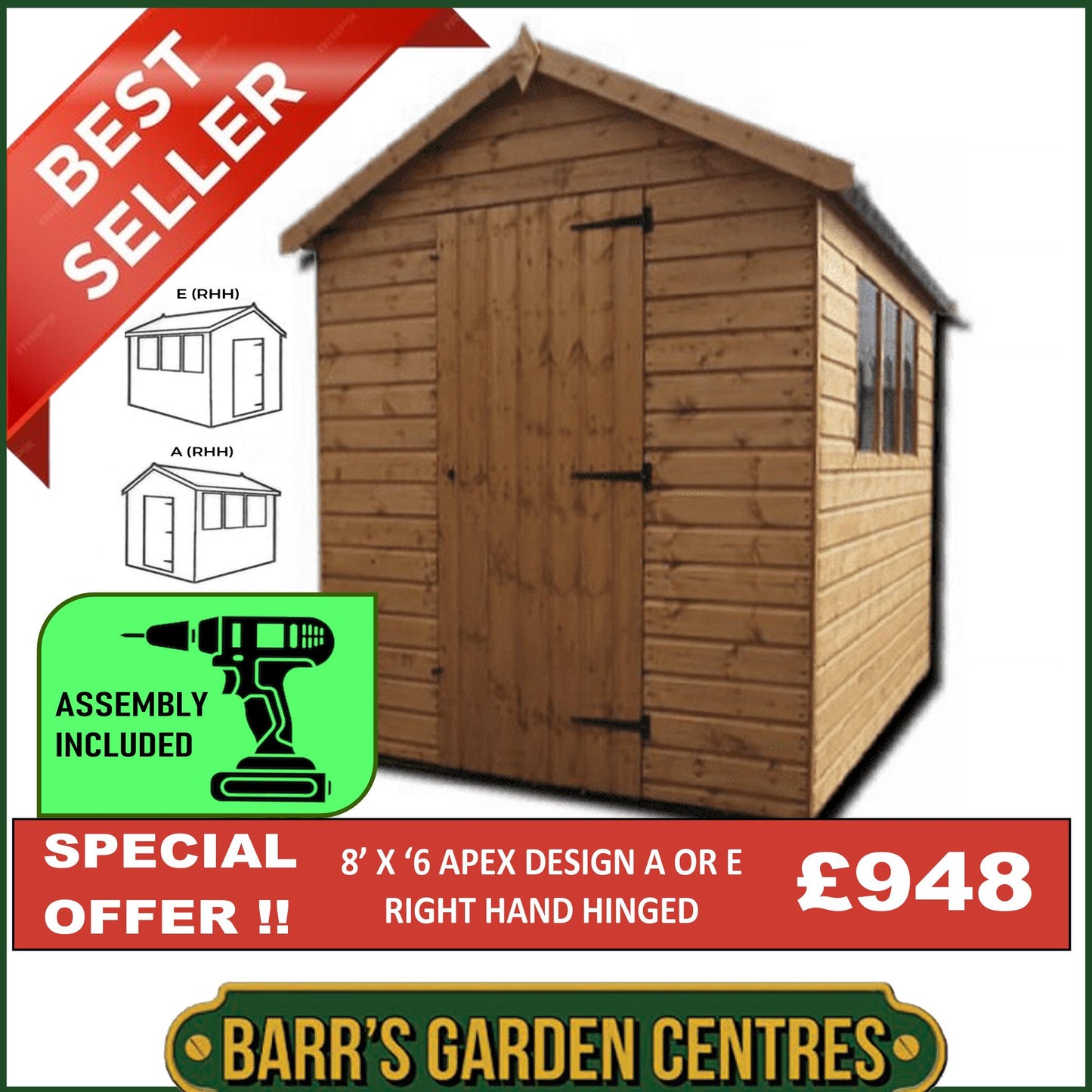 Standard Apex Shed 12mm Cladding - Delivered & Professionally Assembled (Includes Bearers)