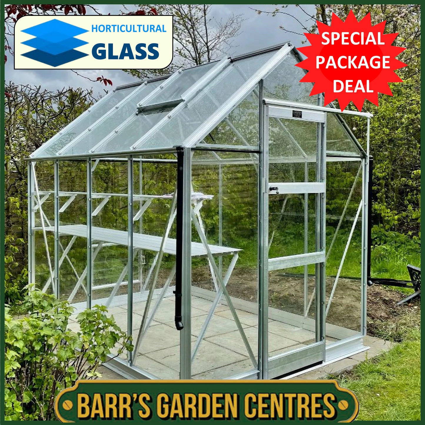 SPECIAL PACKAGE DEAL - WITH 3mm HORTICULTURAL GLASS - HIGH EAVE 6'3" WIDE ELITE GREENHOUSE