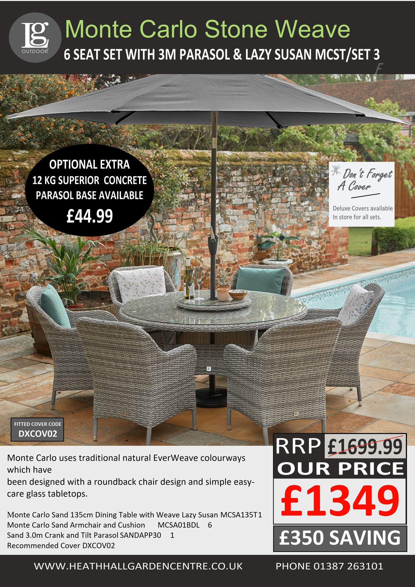 Monte Carlo Stone 6 Seat Dining Set with Lazy Susan and 3m Parasol Set 3