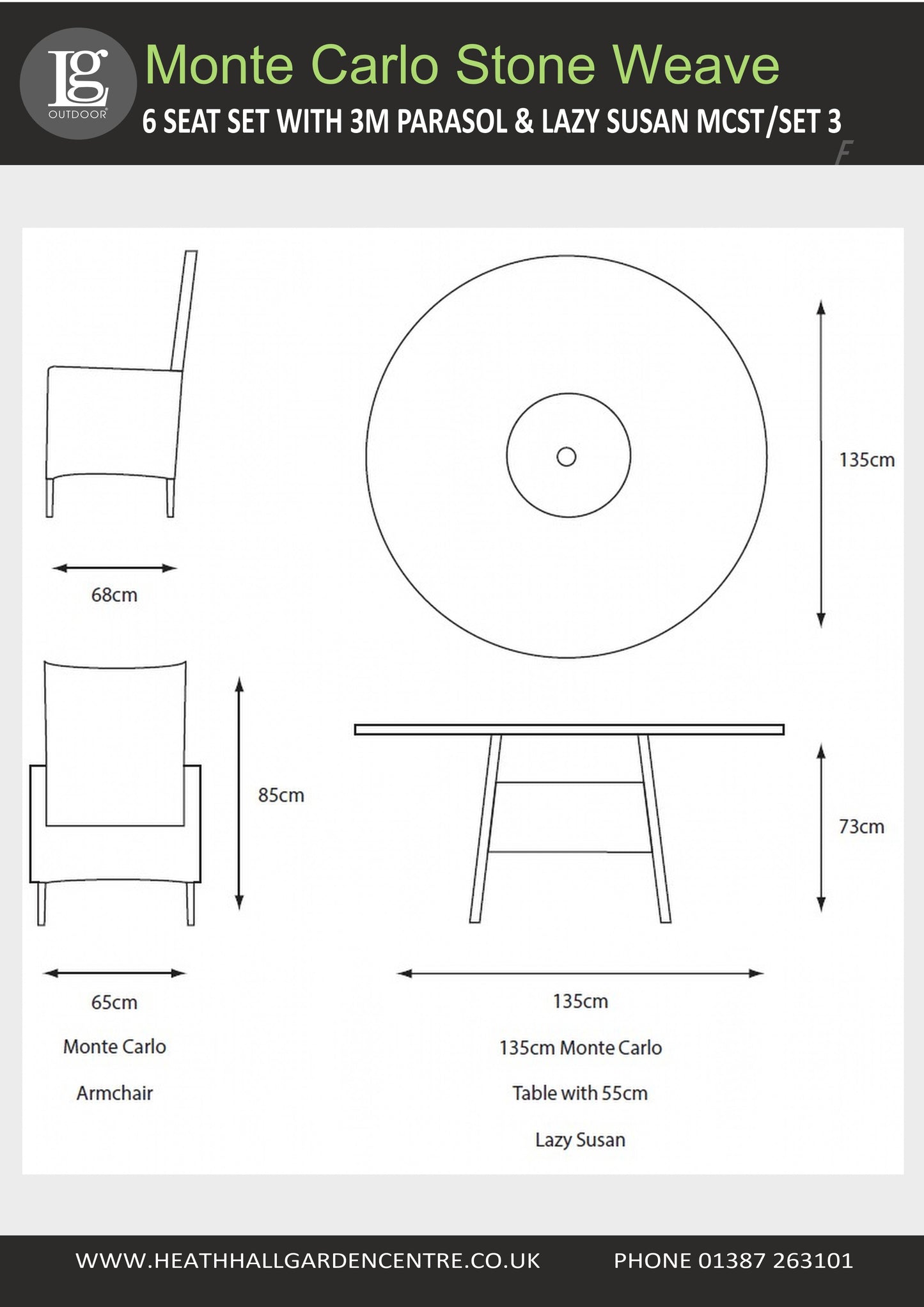 Monte Carlo Stone 6 Seat Dining Set with Lazy Susan and 3m Parasol Set 3