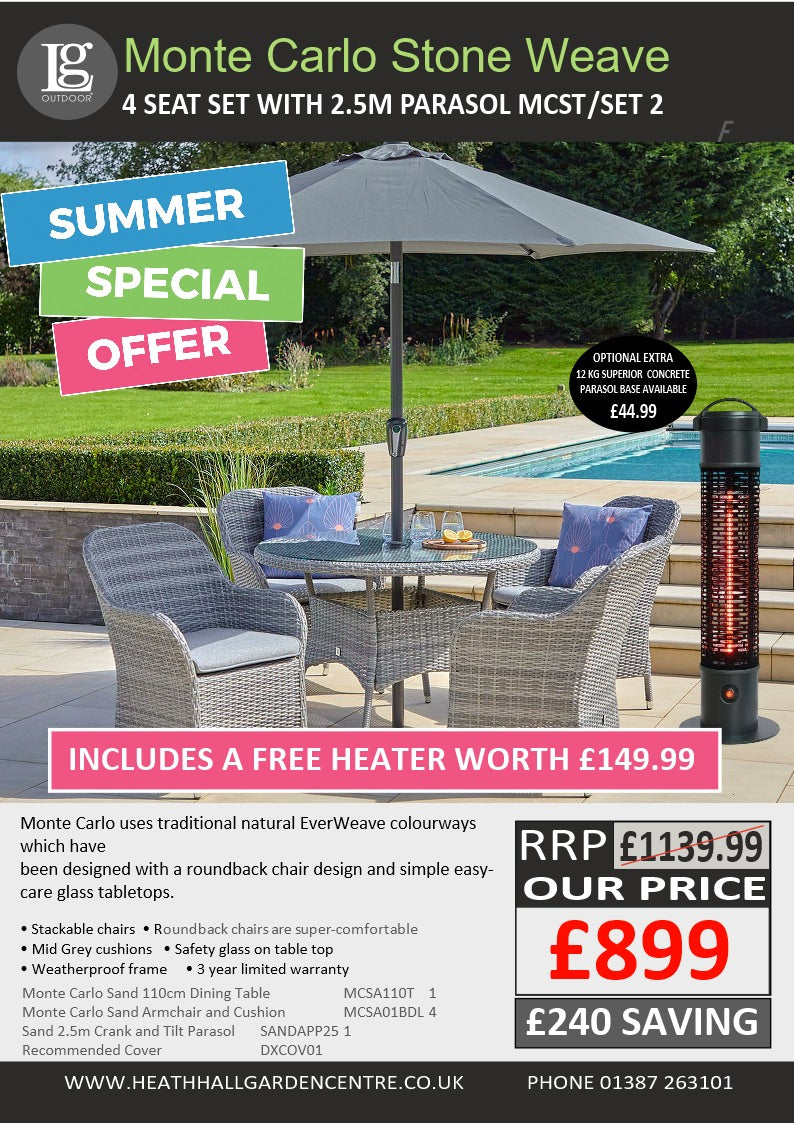 Monte Carlo Stone 4 Seat Dining Set with Parasol Set 2