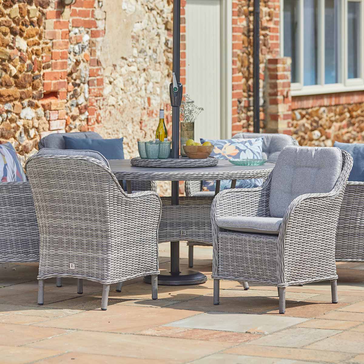 St Tropez Stone 8 Seat Dining Set with Lazy Susan and  3m Crank & Tilt Parasol Set 3