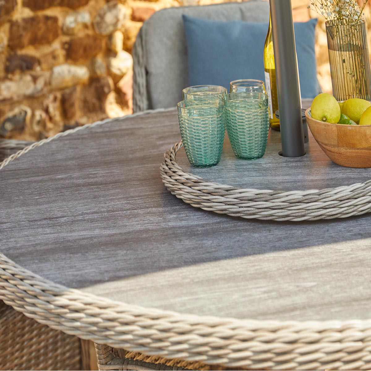 St Tropez Stone 8 Seat Dining Set with Lazy Susan and  3m Crank & Tilt Parasol Set 3