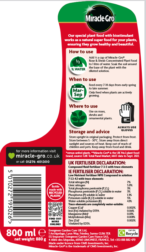 Miracle-Gro® Rose & Shrub Concentrated Liquid Plant Food 800ml