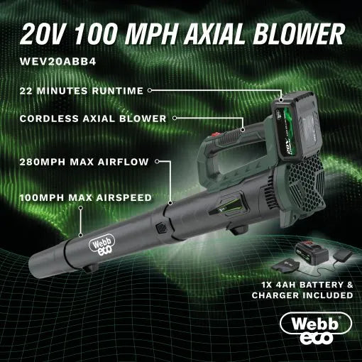 Webb Eco WEV20ABB4 20v 100mph Cordless Axial Blower (4Ah Battery & Charger Included)