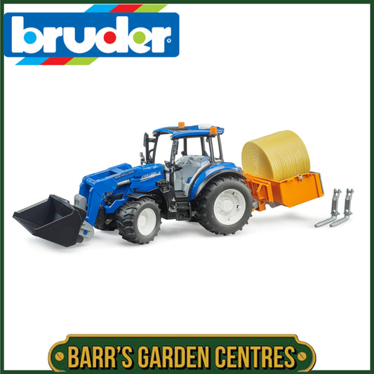 BRUDER New Holland T5.120 with slip-on frontloader, dump box and forks