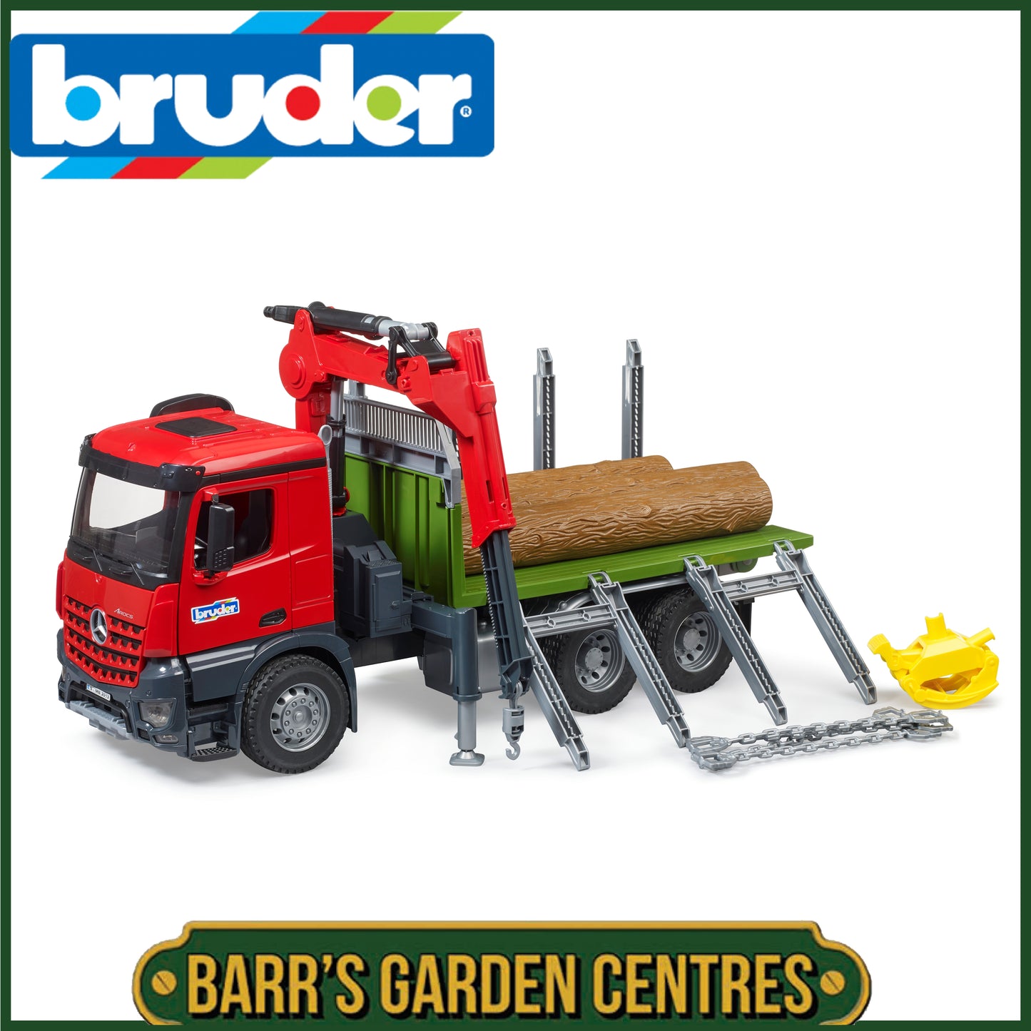 BRUDER MB Arocs Timber Truck With Loading Crane, Grab and 3 Trunks