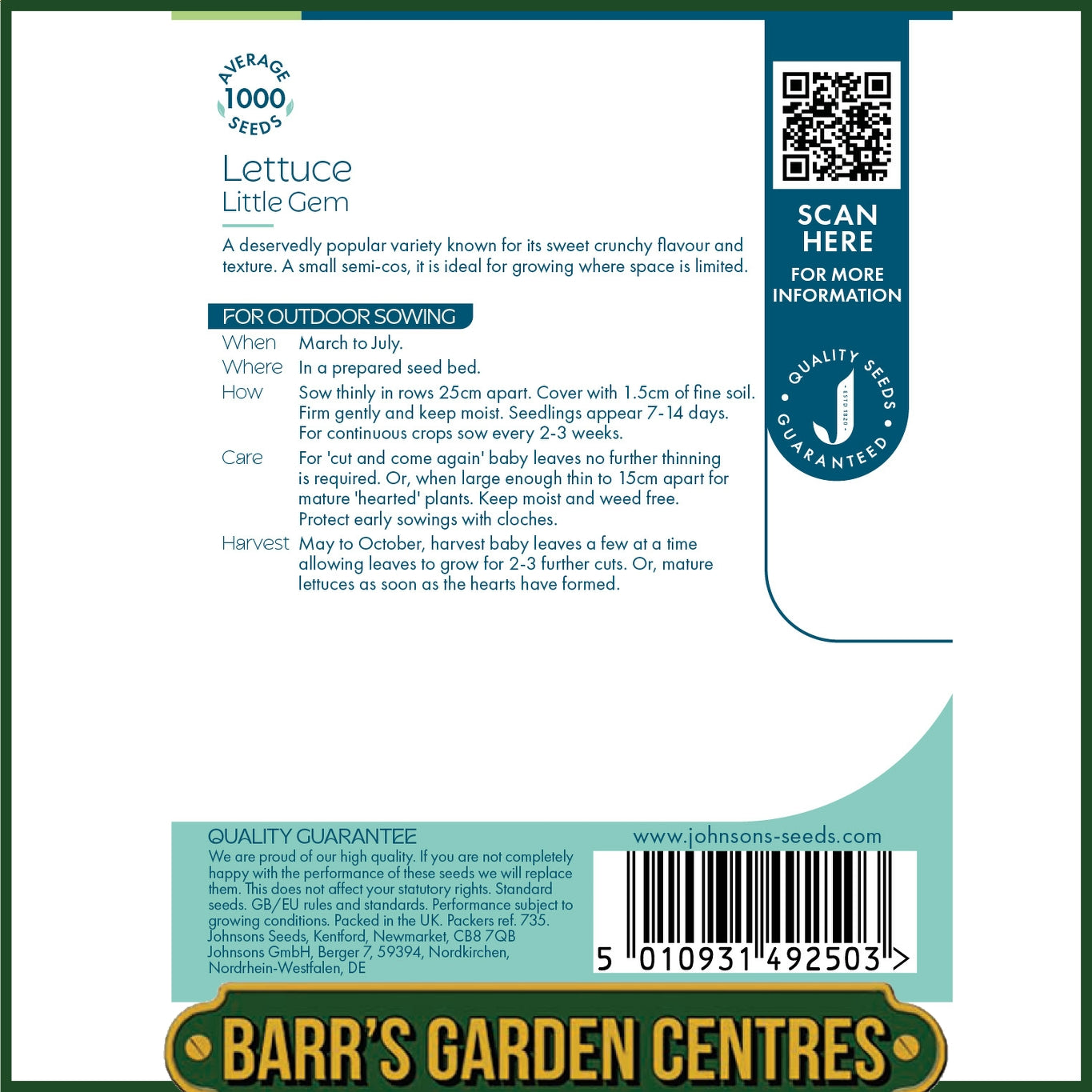 Johnsons - Lettuce Little Gem - 1000 Seeds