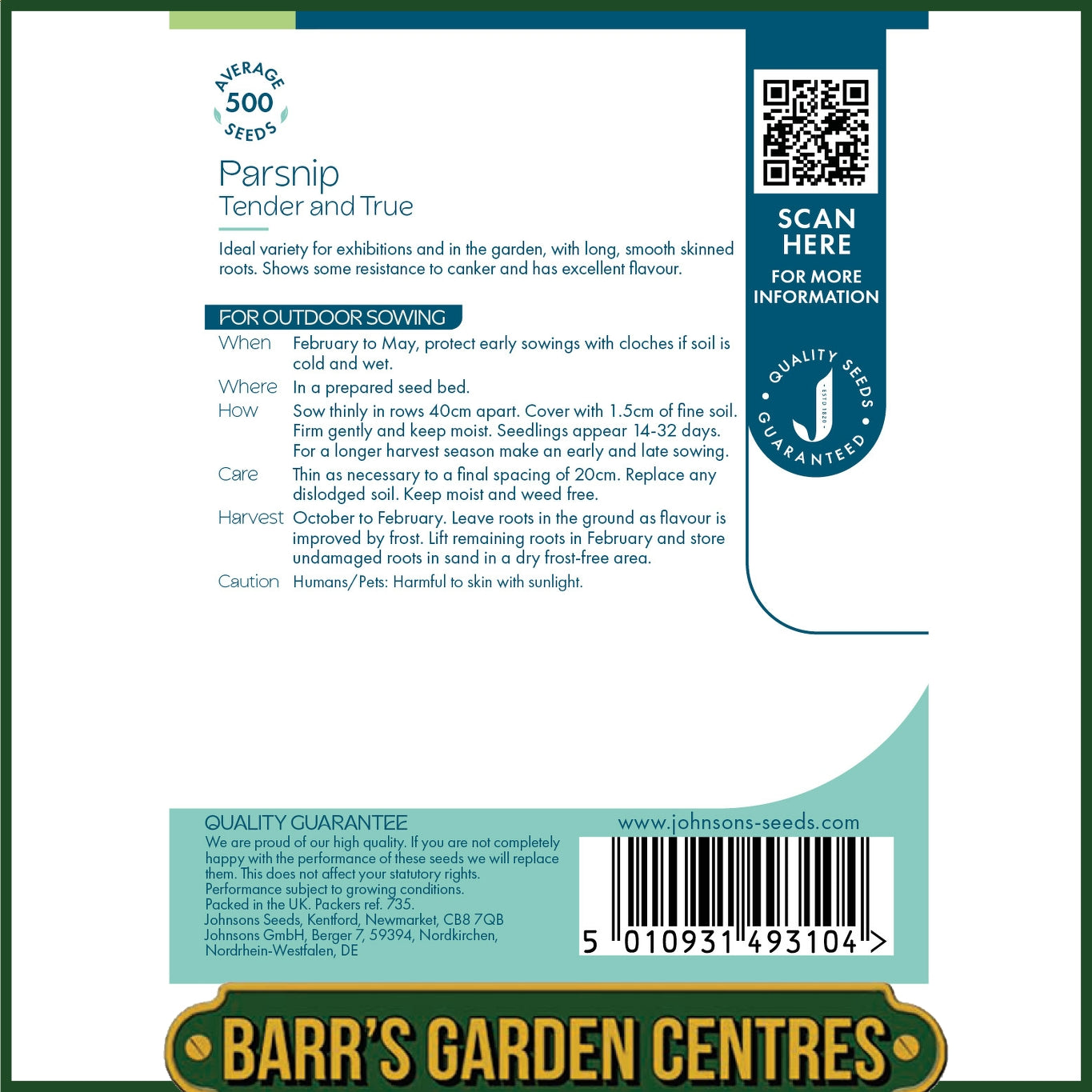 Johnsons - Parsnip Tender and True - 500 Seeds