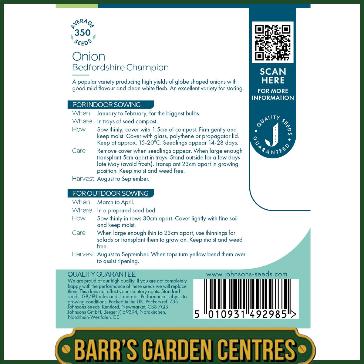 Johnsons - Onion Bedfordshire Champion - 350 Seeds