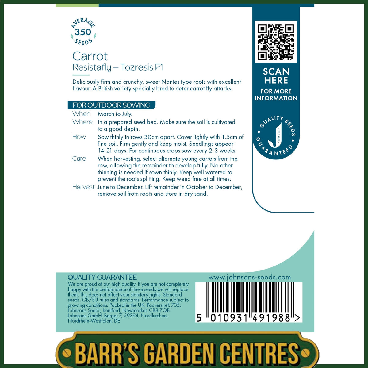 Johnsons - Carrot Resistafly - Tozresis F1 - 350 Seeds