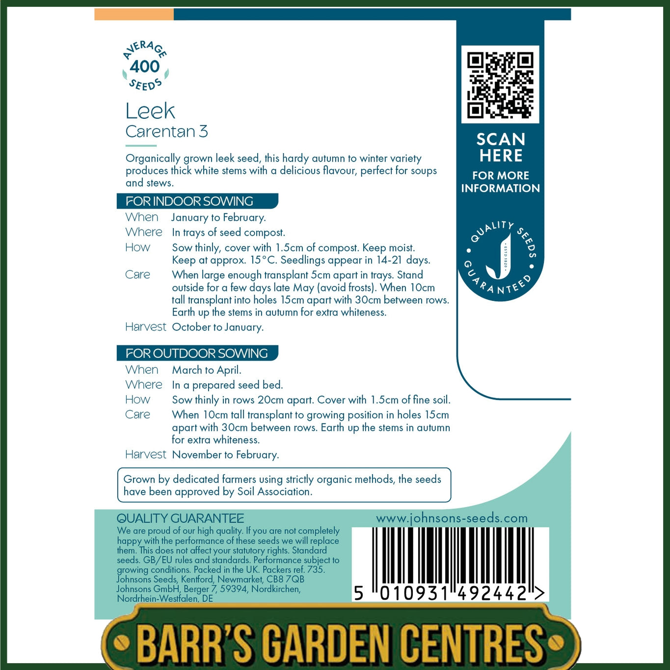 Johnsons - Organic Vegetable - Leek Carentan 3 - 400 Seeds