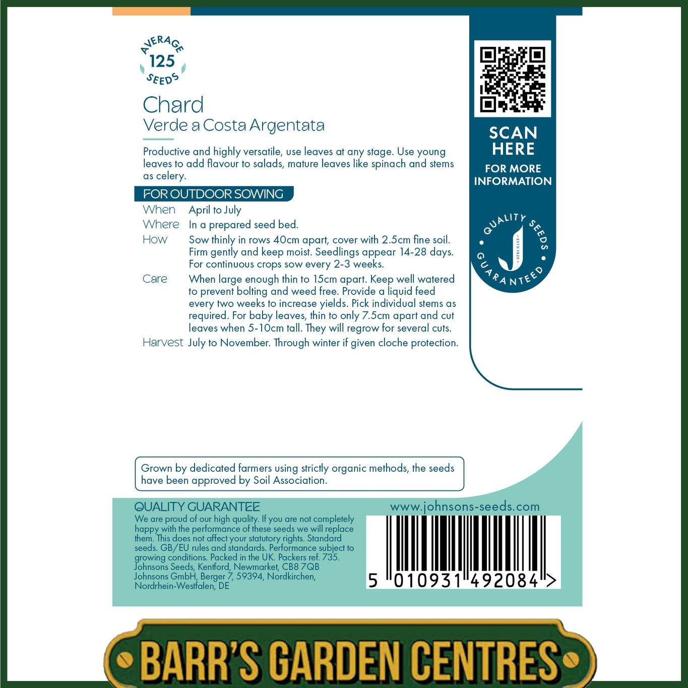 Johnsons - Organic Vegetable - Chard Verde a Costa Argentata - 125 Seeds