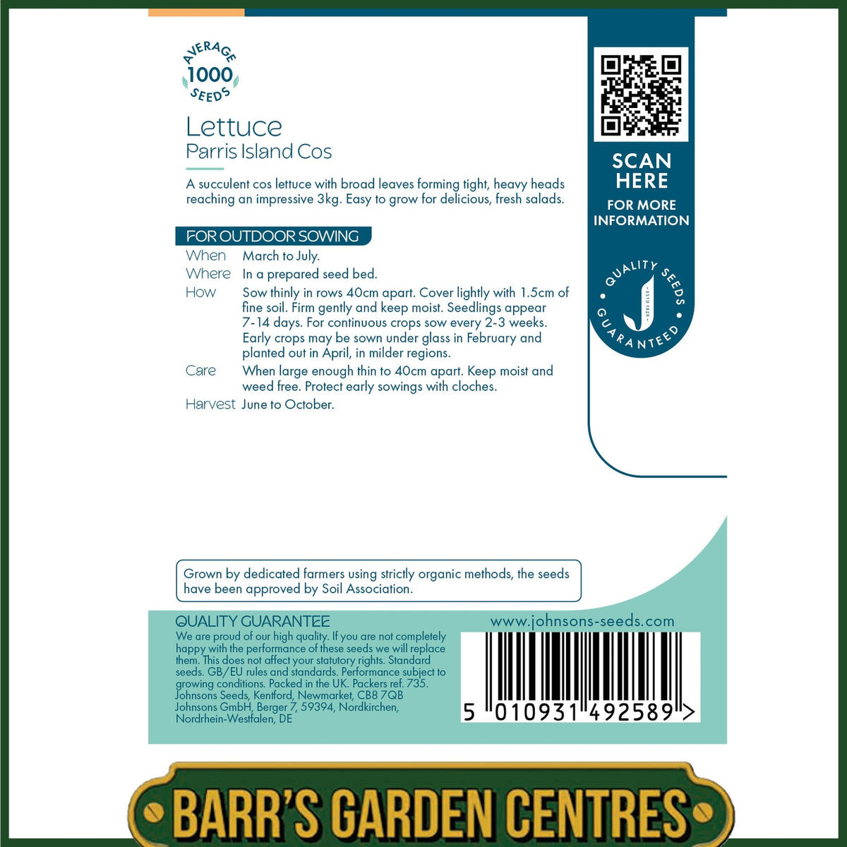 Johnsons - Organic Vegetable - Lettuce Parris Island Cos - 1000 Seeds