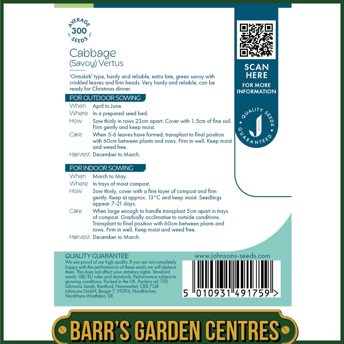 Johnsons - Cabbage (savoy) Vertus - 300 Seeds