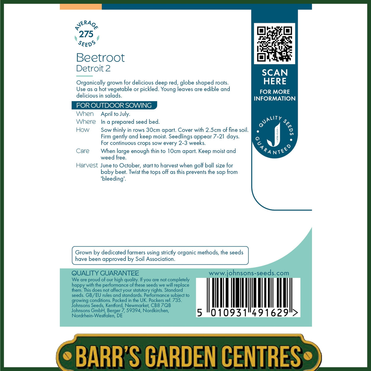 Johnsons - Organic Vegetable - Beetroot Detroit 2 - 275 Seeds